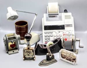 lot 6040 image: Vintage Office Desk Lot including Mini Tensor Lamp, Adding Machine, Bates Manuf. Co. Stamp and more