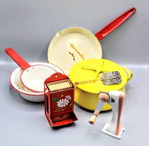 lot 6042 image: Vintage Enamel Kitchen Wares including Dansk Triple-enameled Pot, Vintage Flex Roll Can Opener and more
