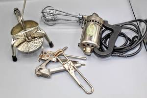 lot 6043 image: Vintage Kitchen Wares Lot including Mouli Hand Shredder and Hamilton Beach Food Mixer Extractor, Jar Opener, Can Opener, and Press