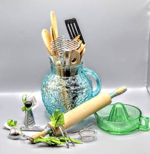 lot 6046 image: Huge Lot of Vintage Kitchen Utensils, Mini-Utensils, Mid-century Aquamarine Anchor Hocking Glass Pitcher, Rolling Pin, and 1930s Vaseline Glass Sunkist Hand Juicer