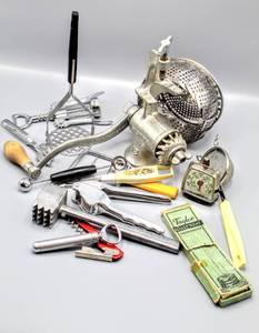 lot 6047 image: Vintage and Antique Kitchen Utensils and Gadgets Lot including 1934 Taylor Industries Roasting Thermometer, Vintage 1940s Landers #31 Chopper Grinder and more