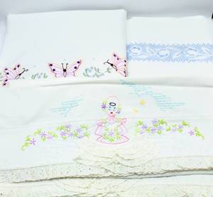 lot 6077 image: 3 Hand Embroidered Vintage Full Size Sheet Sets - Butterfly Design, Blue Tulip Design and Lady with Flowers and Eyelet Ruffle Trim