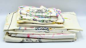 lot 6087 image: A gorgeous lot of VintageAntique Table Linens - All embroidery is Hand Stitched.  Lot includes 4 Tablecloths, runners and more
