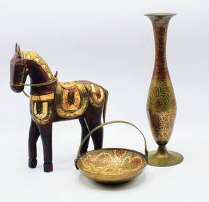lot 6152 image: Wooden Trojan Horse with Hammered Brass Inlay Figurine, Vintage Brass Vase and Dish Engraved and Painted - Beautiful
