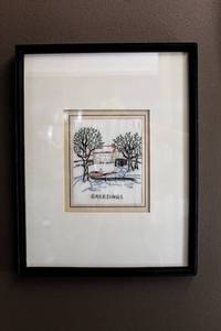 lot 6141 image: 1940s Greetings Embroidery Custom Framed and Double Matted, Measures 13.5 x 10.25