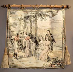 lot 6142 image: Amazing Antique Tapestry of Victorian Picture Scene Strung on Solid Wood Rod and has Backing Sewn Measures 36 x 38