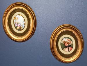 lot 6149 image: Matching Professionally Framed and Matted Porcelain Hand-painted Art 6.5 x 5.5