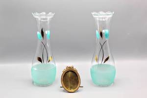 lot 6181 image: (2) Antique Hand Painted Vases and Antique Brooch Picture Frame
