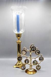lot 6182 image: Vintage 20 Tall Brass and Glass Candle Stick and 2 Toned Family Tree Picture Display