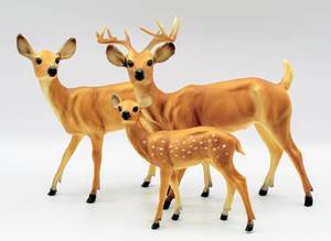 lot 6177 image: 3 Breyer Molding Company Deer - Buck, Doe and Fawn.  Plus 2 additional Small Buck Figurines