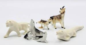 lot 6178 image: Variety of Small Vintage Ceramic Animal Figurines - Goat with Baby, Seal with 2 Pups, Alligator and Tiger