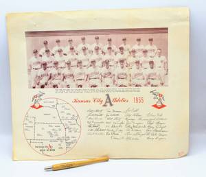 lot 6155 image: 1955 Kansas City As Athletics Team Poster Roster and Collectible Baseball Pencil