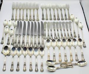 lot 5970 image: Buttercup by Gorham 62 Piece Sterling Silver Flatware Set Patent 1900, Service for 8 plus 4 Serving Pieces and Storage Chest