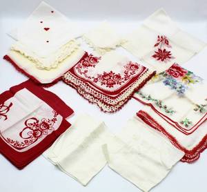 lot 6096 image: Beautiful lot of 12 AntiqueVintage Red and White Handkerchiefs - Hand Embroidered