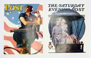 lot 6158 image: 2 Saturday Evening Post Norman Rockwell Magazine Covers - Prints - Rosie the Riveter and Moonlight Buggy Ride