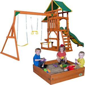 lot 10 image: Backyard Discovery Tucson Wooden Swing Set and Sandbox