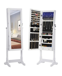 lot 68 image: SONGMICS 8 LEDs Jewelry Cabinet with Bevel Edge Mirror Lockable Standing Armoire Organizer with 6 Drawers and Earring Board White Patented