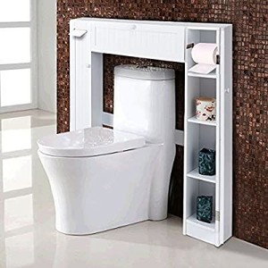 lot 79 image: Giantex Over-The-Toilet Rack Bathroom Shelf Storage Cabinet Wooden Drop Door Freestanding Spacesaver Improvements, White