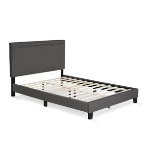 lot 103 image: Furinno Laval Double Row Nail Head Bed Frame, 12PC Slat Style, Stone, Full