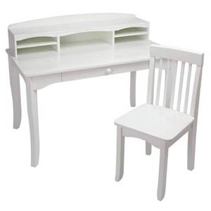 lot 110 image: KidKraft Avalon Wooden Childrens Desk with Hutch, Chair & Storage - White