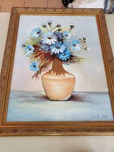 lot 5241 image: Acrylic Painting of Blue Flowers in Vase. with Gilded Frame