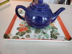lot 5244 image: Lot with Blue Teapot and Orange Floral Tray