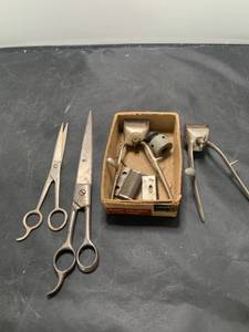 lot 7492 image: Vintage Model 105 Hand Hair Clippers and 2 Scissors