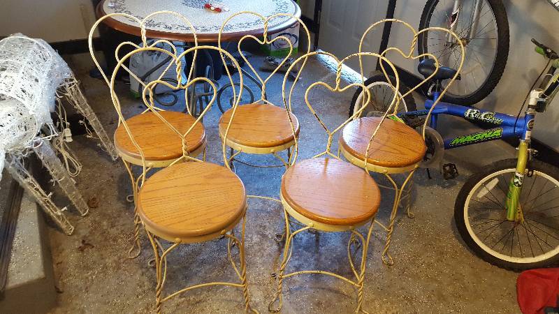 lot 1104 image: (5) Oak and metal ice cream parlor ...