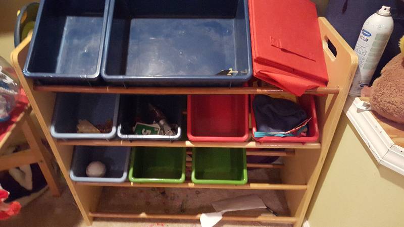 lot 1116 image: Wooden toy rackPlastic bins...