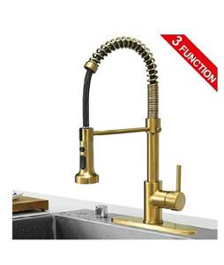 lot 437 image: Hoimpro 4.5 out of 5 stars  15Reviews Hoimpro Brushed Gold High Arc Spring Kitchen Faucet with Pull Down Sprayer, Commercial Rv Single Lever Kitchen Sink Faucet ,3 Function Single Handle Laundry Faucet, Brass  Brushed Brass (1 or 3 Hole)