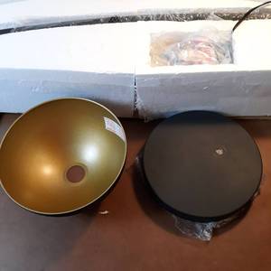 lot 471 image: Archiology Arc Floor Lamp, 79 Height Black Brass Floor Lamp Curved, and Metal Dome Shade with Glossy Gold Interior Perfect for Living Room Reading Bedroom Home Office