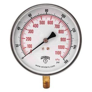 lot 1228 image: Winters PCT Series Stainless Steel 304 Dual Scale Contractor Pressure Gauge, 0-160 psikpa, 4-12 Dial Display, -1% Accuracy, 14 NPT Bottom Mount