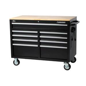 lot 1231 image: Husky 46 in. W 9-Drawer, Deep Tool Chest Mobile Workbench in Gloss Black with Hardwood Top
