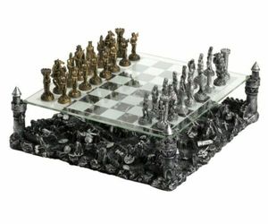 lot 1235 image: Gold and Silver Medieval Knight Chess Set with Decorative Chessboard