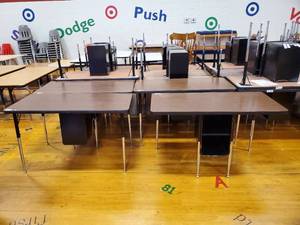 lot 203 image: Lot of 4 Two Student Desk with Double Book Compartment 24 in  x 48 in