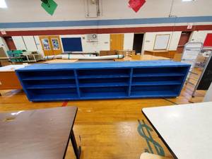 lot 249 image: Blue Storage Shelf with three 3 shelf compartments 12 ft 6in x 35 in