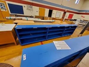 lot 250 image: Blue Storage Shelf with three 3 shelf compartments 12 ft 6in x 35 in