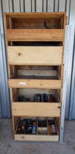 lot 7407 image: 2 homemade wood drawer cabinets - shown stacked. 5 drawers total, includes contents
