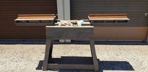 lot 7411 image: Homemade wood miter saw table with Drawer & various hand tools