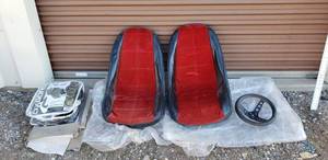 lot 7423 image: Fiberglass Dune buggy seats, steering wheel, Partial pack of Seat covers, & vinyl upholstery