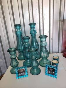 lot 8174 image: Teal Home Decor  (6) Large Glass Vases, (2) Picture Frames and (2) Candles