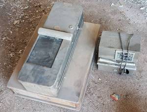 lot 9294 image: Vintage wood cash drawer & Sales Ticket machine and electric time card Clock