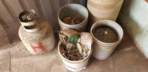 lot 9330 image: Buckets of bolts & screws, old propane tank