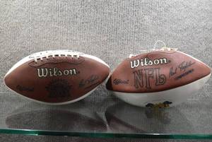 lot 2049 image: Pair of Autographed Footballs  Signed by Brett Favre  Balls from NFL Superbowls XXIX & XXXI  Balls Do Not Hold Air & One Signature is Faded -WILL SHIP
