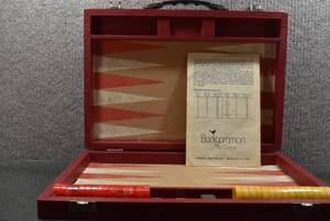 lot 2061 image: Vintage 1950s Dark Rad Backgammon Set, Carrying Case and Instruction Booklet  Made by Cardinal Industries  Bakelite Playing Pieces  15 W x 10.25 L x 2 H -WILL SHIP