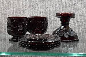 lot 2062 image: Lot of 7 Avon Cape Cod Glassware Pieces  4 Plates (5.25 Wide)  3 Candle Holders (4.5 Tall and 3.5 Tall) -WILL SHIP