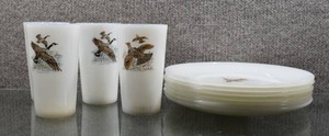 lot 2070 image: Lot of 8 Anchor Hocking Fire King Milk Glass Dinner Plates (9 Wide) & Tumblers (5 Tall)  Mallard Ducks and Canadian Geese  -WILL SHIP