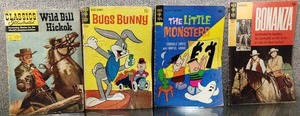 lot 2066 image: Lot of 4 Gold KeyClassics Illustrated Comics (In Rough ShapeSold As Is) Classics Illustrated (1954) #121 (First Printing) Bugs Bunny (1942 Gold Key) #125 Little Monsters (1964 Gold Key) #20 Bonanza (1962) #33 - WILL SHIP -WILL SHIP