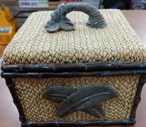 lot 2093 image: Tropical Trinket Box Resin  7 x 7  Tan and Brown with Bamboo like Accents  -WILL SHIP
