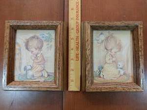 lot 2096 image: Pair of Wood Framed Pictures of Praying Girl & Boy  6.5 T x  5.5 W -WILL SHIP